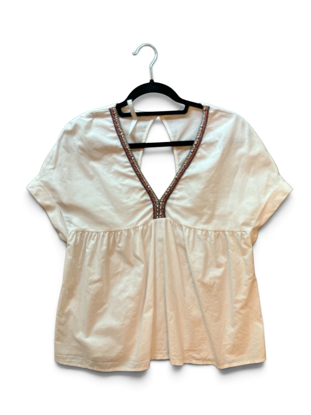 Cream V-Neck Embroidered Trim Tunic Top